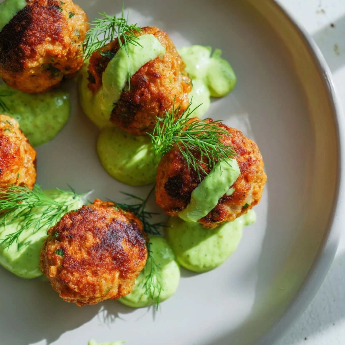 Succulent pan-fried salmon balls served on a platter, next to a vibrant green avocado sauce for dipping.
