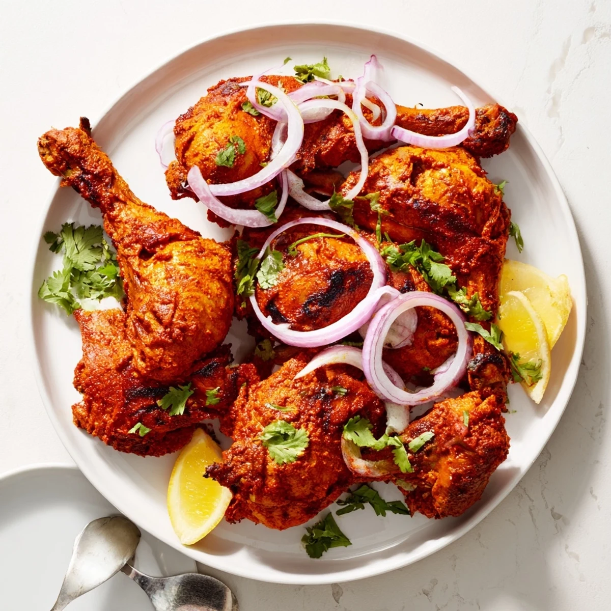 Golden-brown tandoori chicken thighs and drumsticks, marinated in yogurt and spices, rest on a wire rack with charred edges and fresh cilantro garnish.