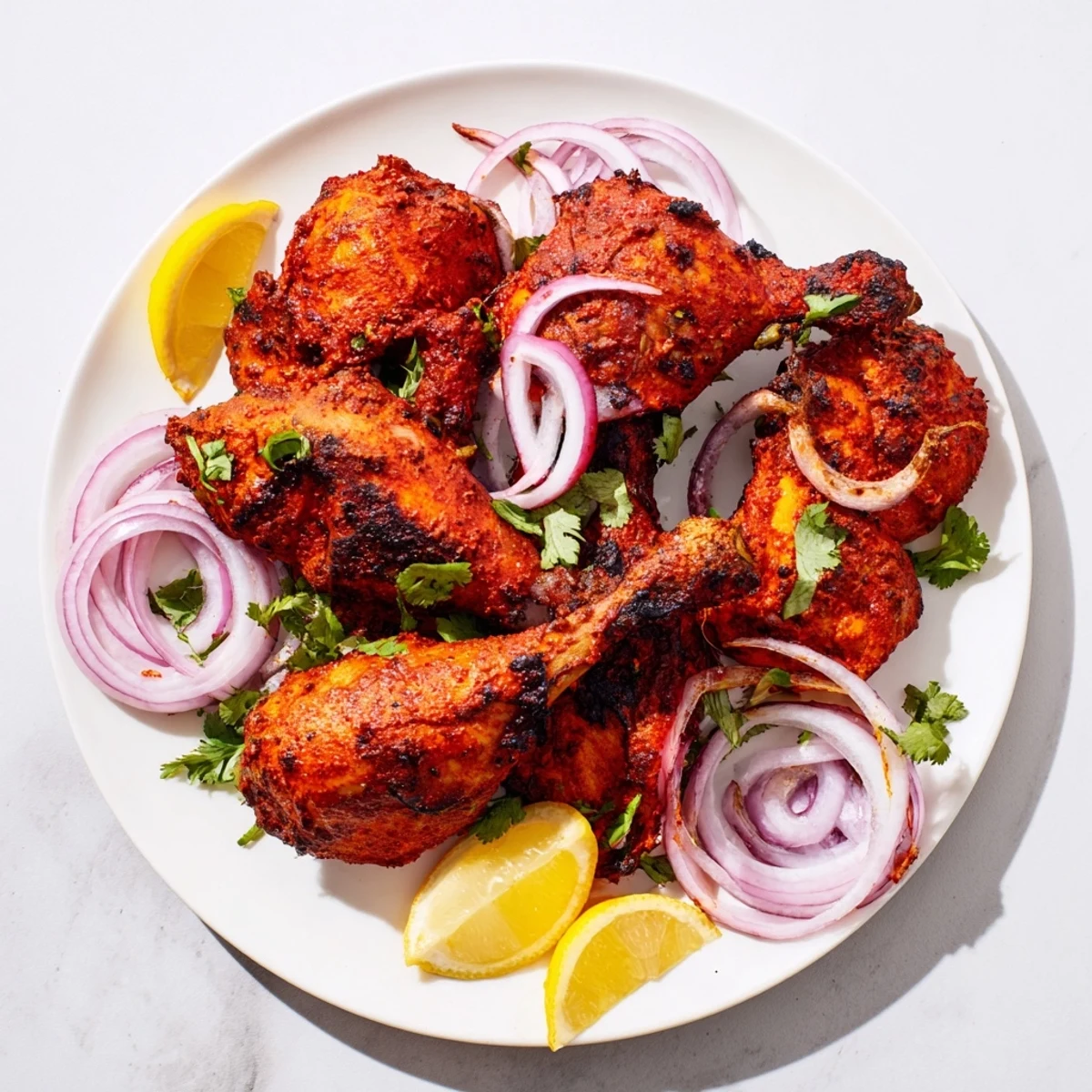 A close-up of baked tandoori chicken with vibrant red-orange spice crust, served beside lemon wedges and sliced red onions on a rustic plate.