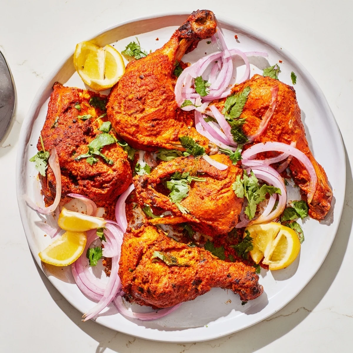 A skillet of smoky tandoori chicken pieces, garnished with fresh cilantro and lemon slices, ready to serve with basmati rice or naan bread.