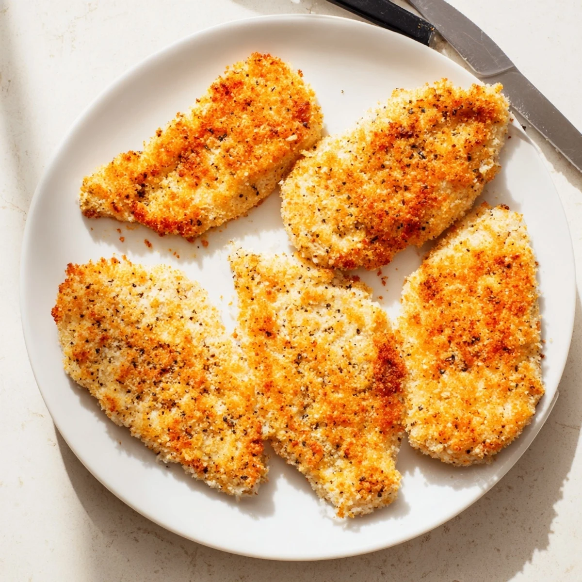 Golden and crispy Air Fryer Breaded Chicken Breast resting on a plate, served with a lemon wedge and fresh salad.