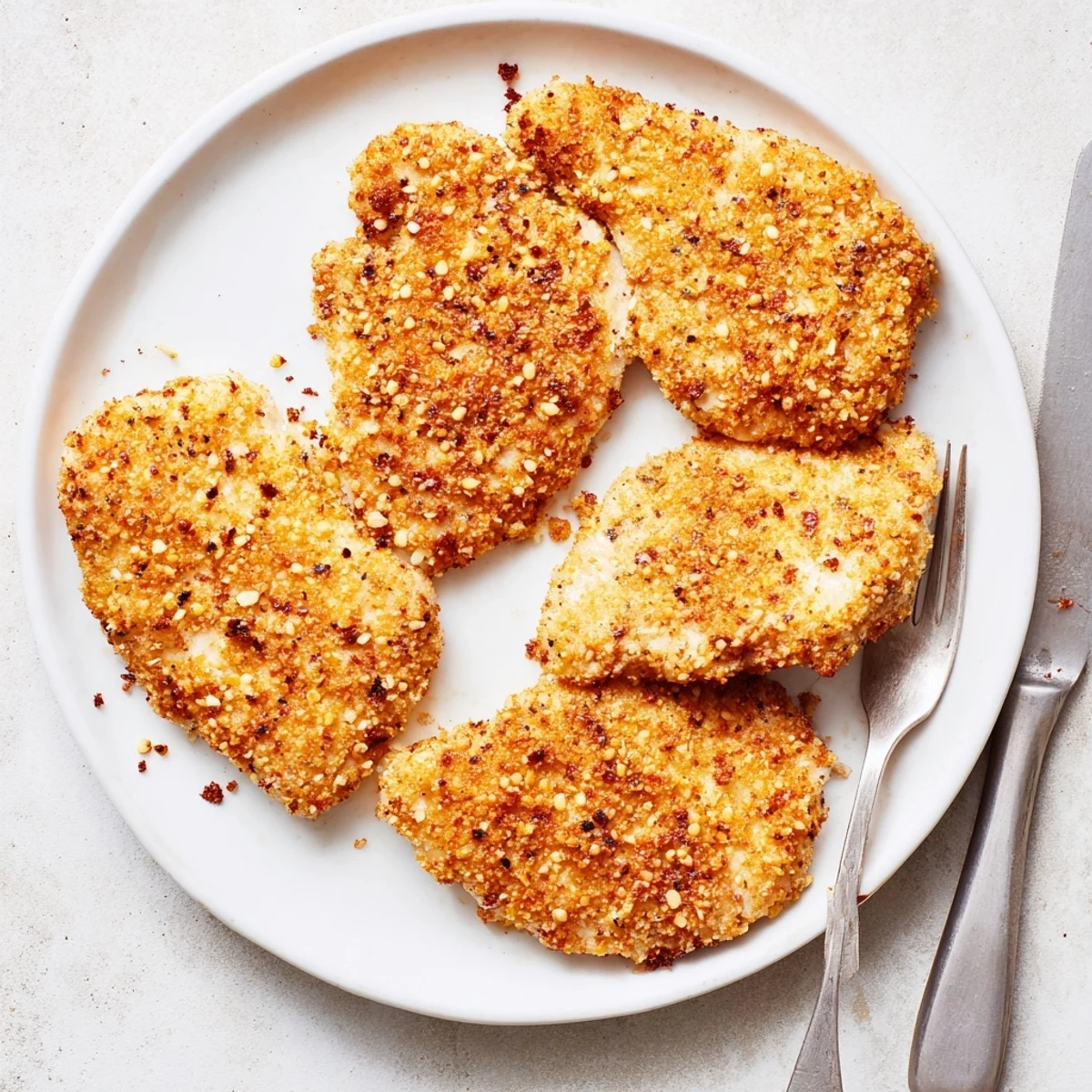 Tender, juicy Air Fryer Breaded Chicken Breast with a crunchy panko and Parmesan coating, ready to dip in sauce.