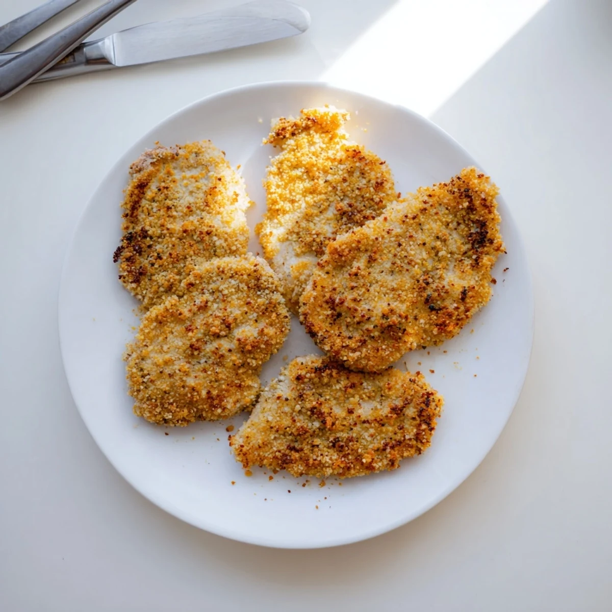 Four servings of Air Fryer Breaded Chicken Breast cooked to perfection, paired with a side of colorful vegetables for dinner.