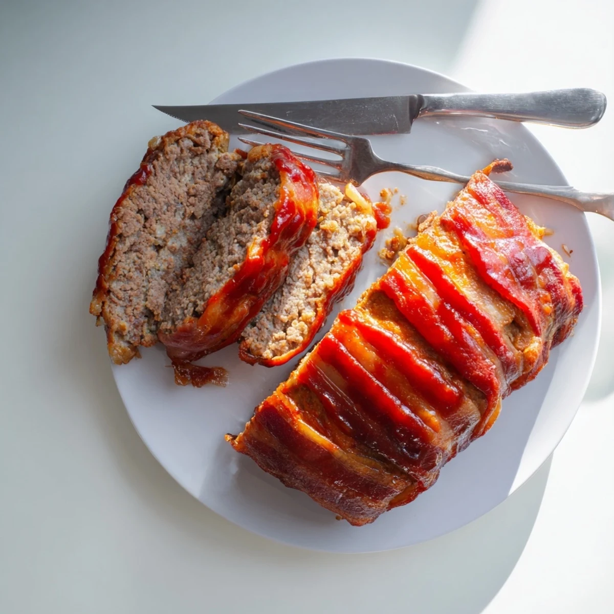 A close-up of the BBQ Beef Bacon Wrapped Meatloaf, with smoky bacon strips crisped over juicy ground beef and glazed with tangy sauce, ready to serve.