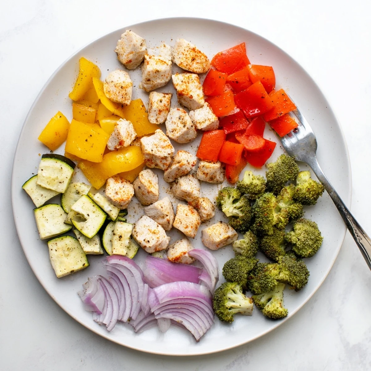 A vibrant plate of 10-Minute Air Fryer Chicken and Veggies, seasoned with smoked paprika and garlic for dinner.