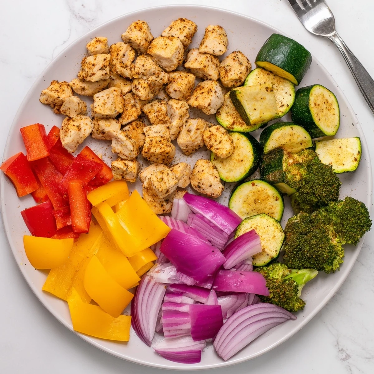 Hot and juicy 10-Minute Air Fryer Chicken and Veggies with zucchini and onion, perfect for a quick family meal.