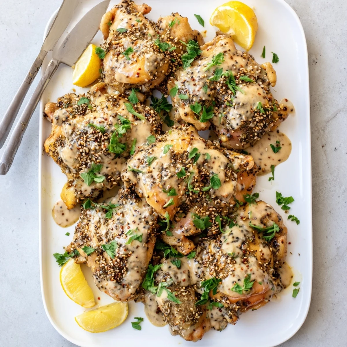 Golden roasted Zaatar Tahini Chicken Thighs with crispy skin, garnished with fresh parsley and lemon wedges.