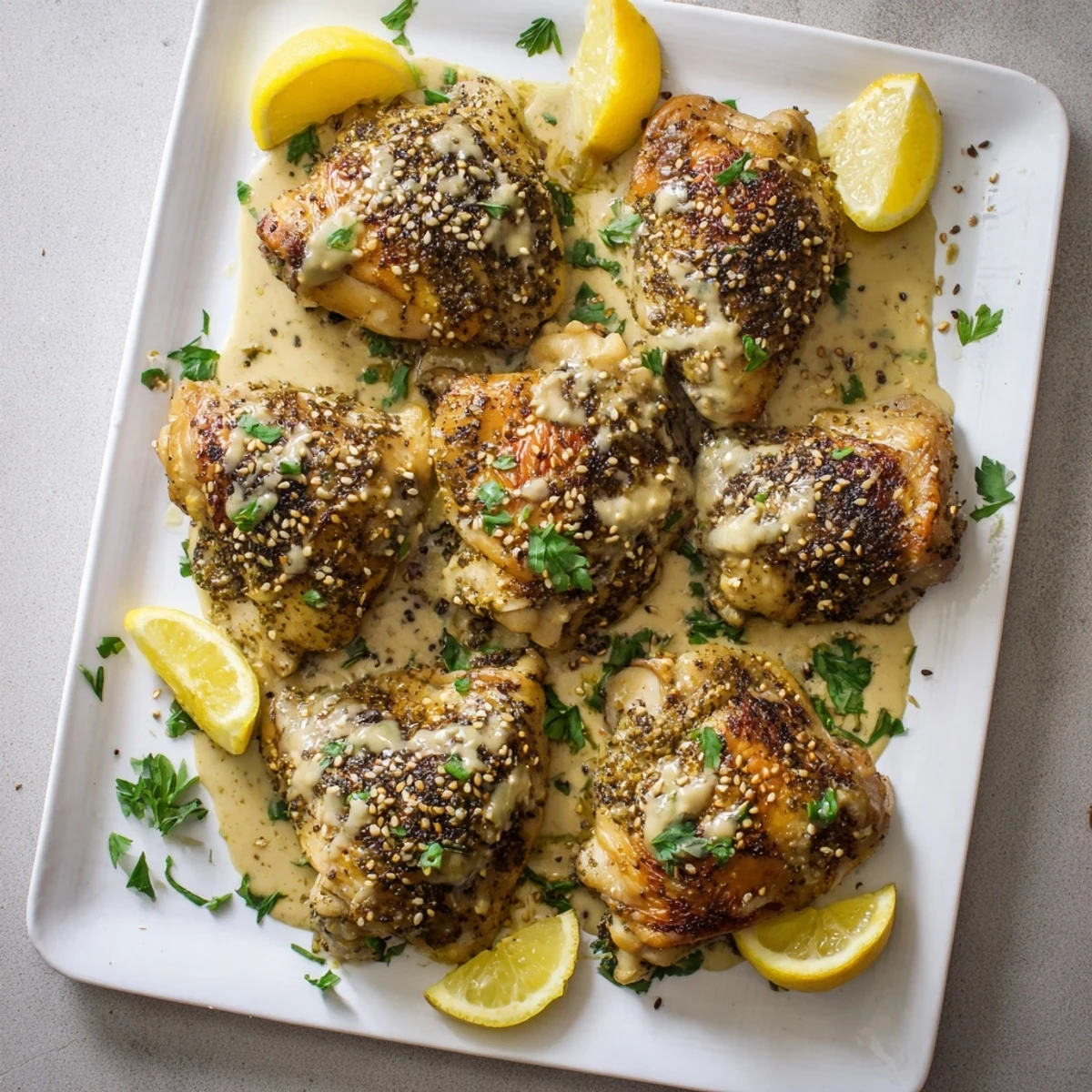 Tender Zaatar Tahini Chicken Thighs served on a platter with toasted sesame seeds and lemon slices.