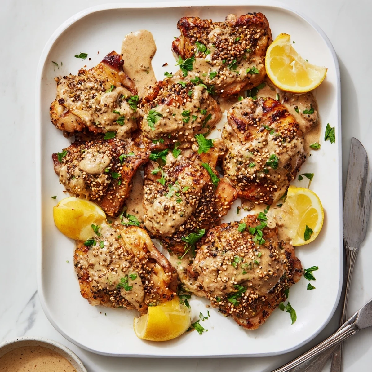 Savory Zaatar Tahini Chicken Thighs fresh from the oven, golden brown with a creamy tahini marinade.