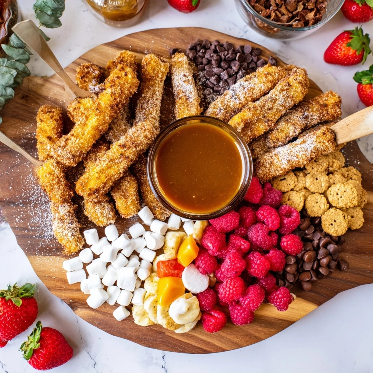 Golden-brown, crispy apple fries dusted with powdered sugar, served on a wooden board with a bowl of warm salted caramel sauce for dipping.