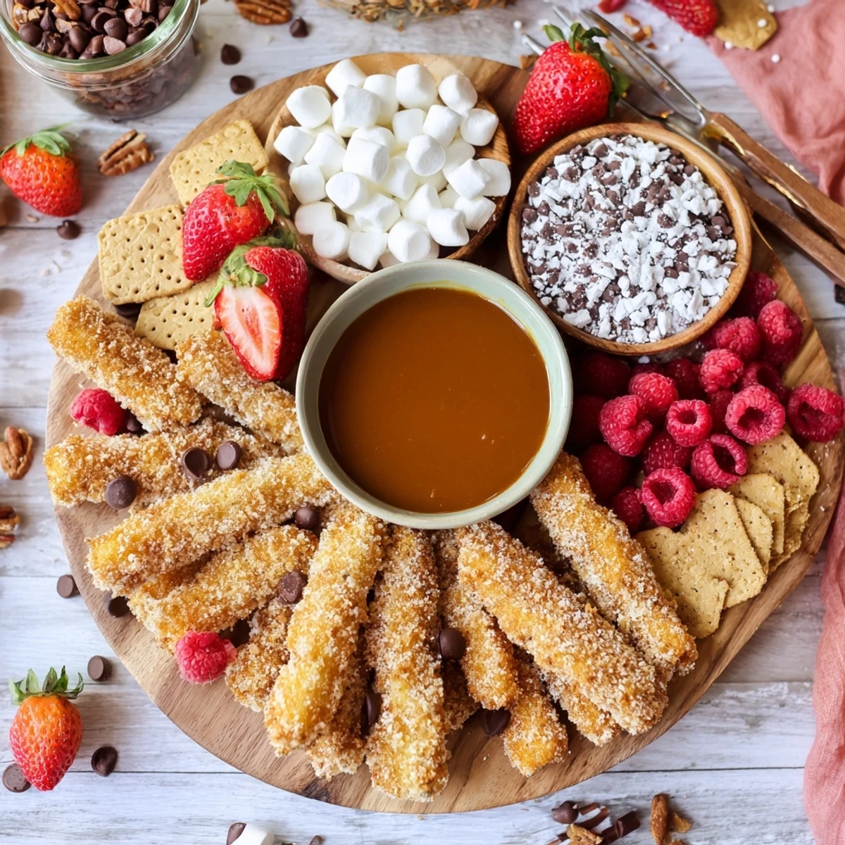 A close-up of the Salted Caramel Apple Fries Board showing panko-coated apple sticks, rich caramel drizzle, and scattered fresh berries and nuts.