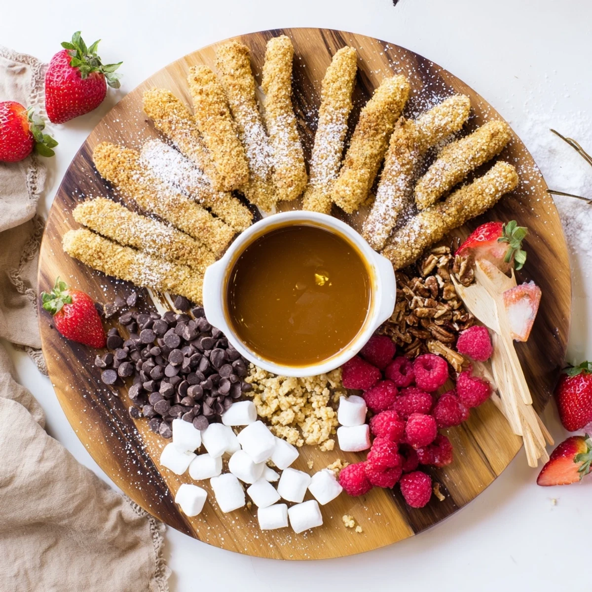 A delicious dessert platter of Salted Caramel Apple Fries ready to share, featuring sweet dipping options like mini marshmallows and chocolate chips.