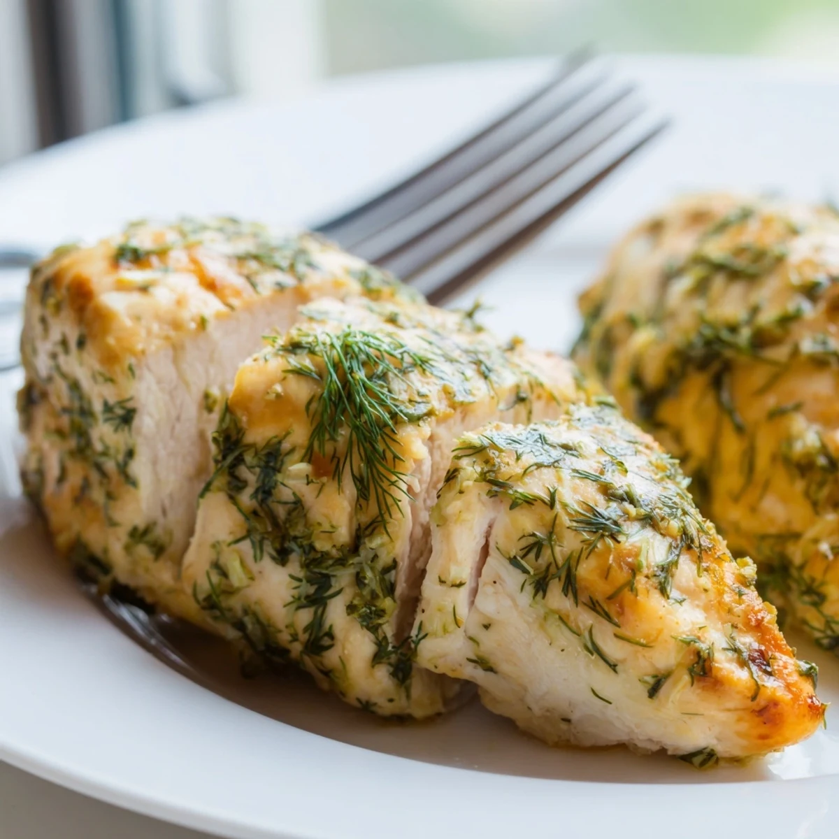 Succulent Paleo Lemon Dill Chicken, cooked to golden perfection, is served alongside colorful roasted vegetables for a healthy meal.