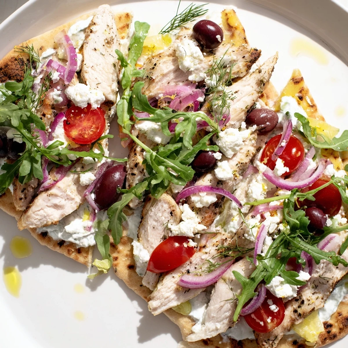 Zesty Lemon Herb Chicken Flatbread With Creamy Feta shows juicy chicken, cherry tomatoes, and crisp edges.