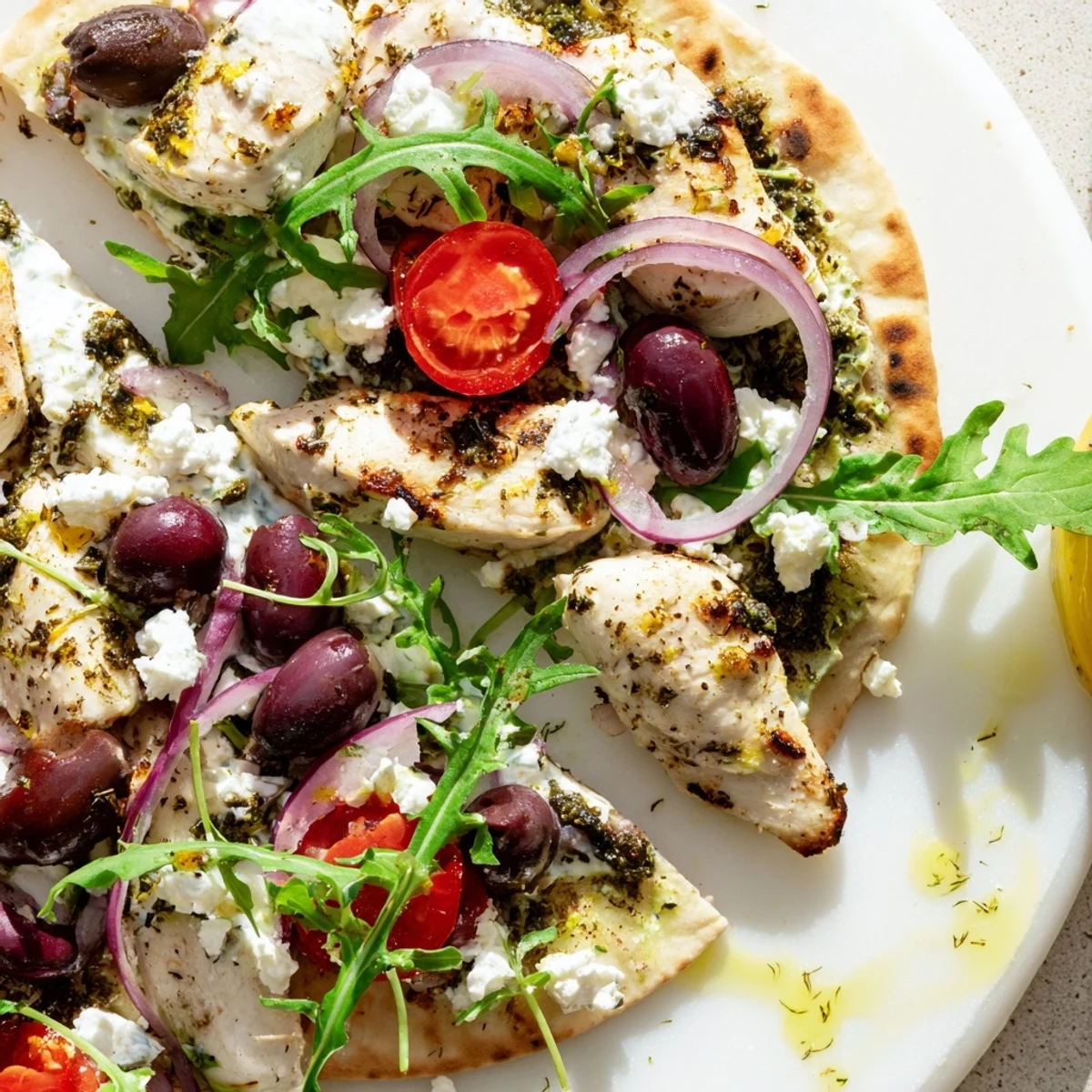 A fresh Mediterranean-style flatbread loaded with feta, olives, and a drizzle of extra virgin olive oil.
