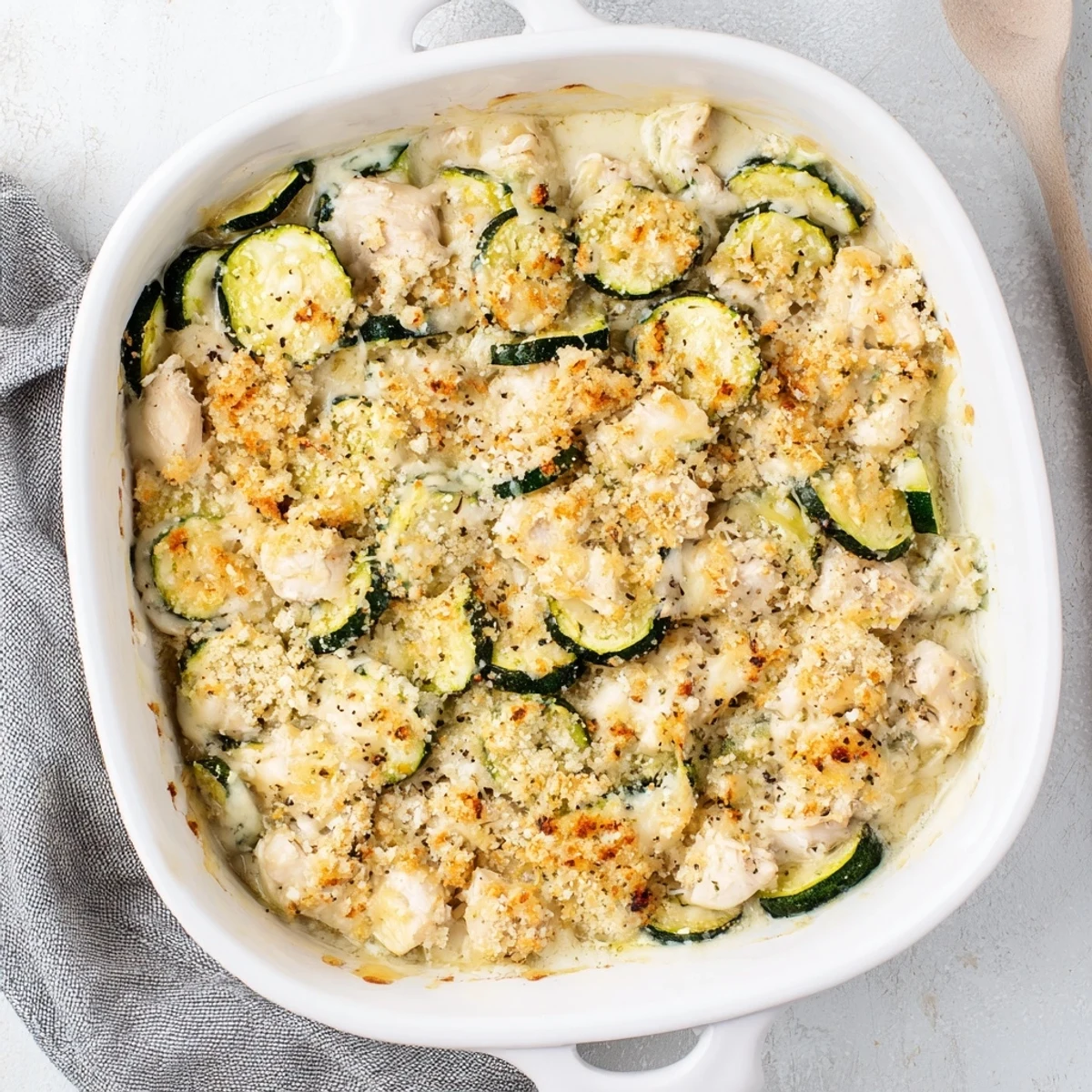 A close-up view of a serving of Chicken Zucchini Bake on a plate, garnished with fresh parsley.