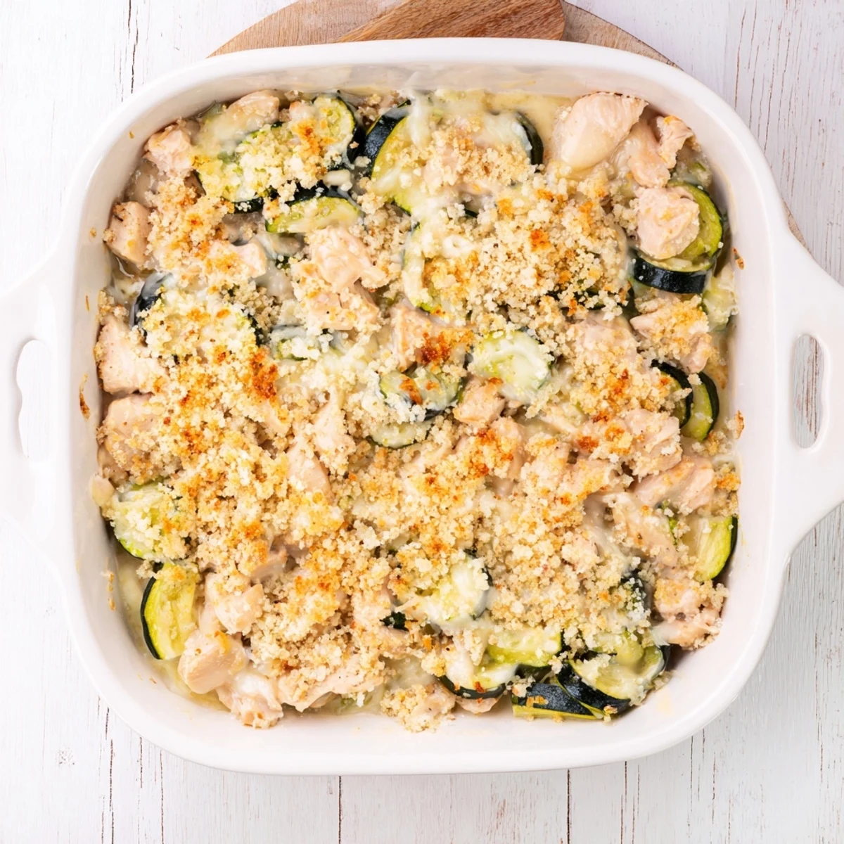 Golden-brown Chicken Zucchini Bake fresh from the oven, showcasing bubbly melted cheese and tender zucchini slices.