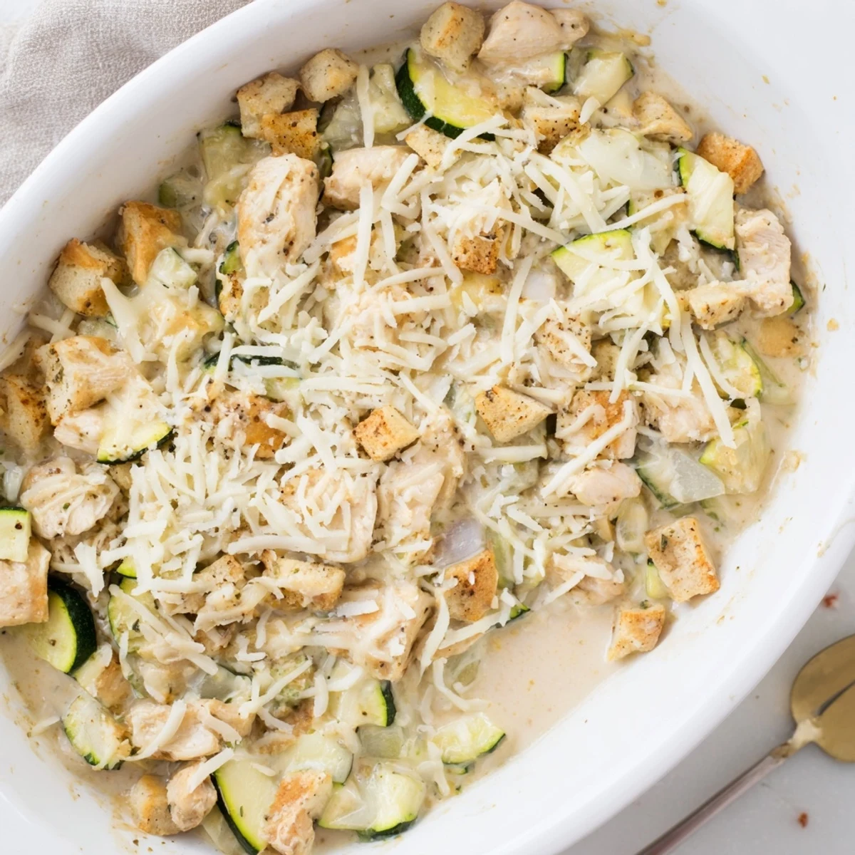 A hearty slice of Chicken Zucchini Bake on a white plate, revealing layers of chicken and creamy sauce.