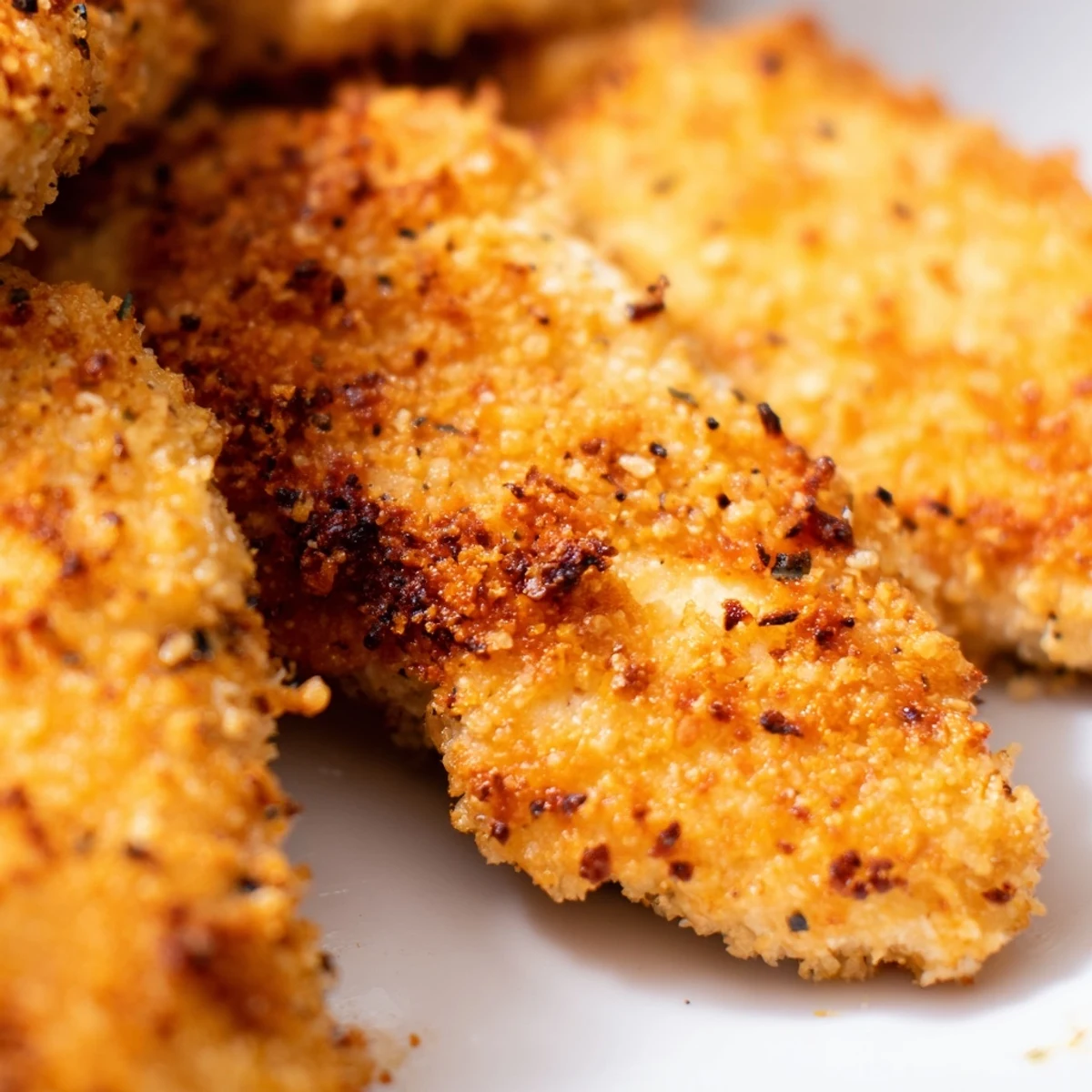 Four golden, baked chicken breasts coated in a crispy garlic Parmesan crust rest on a white platter, ready to serve.