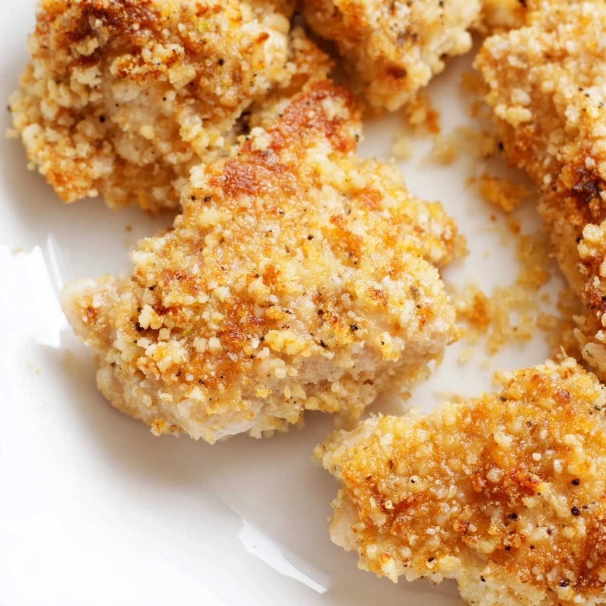 A close-up reveals the crunchy panko and Parmesan coating on the Baked Garlic Parmesan Chicken, garnished with fresh parsley and lemon.
