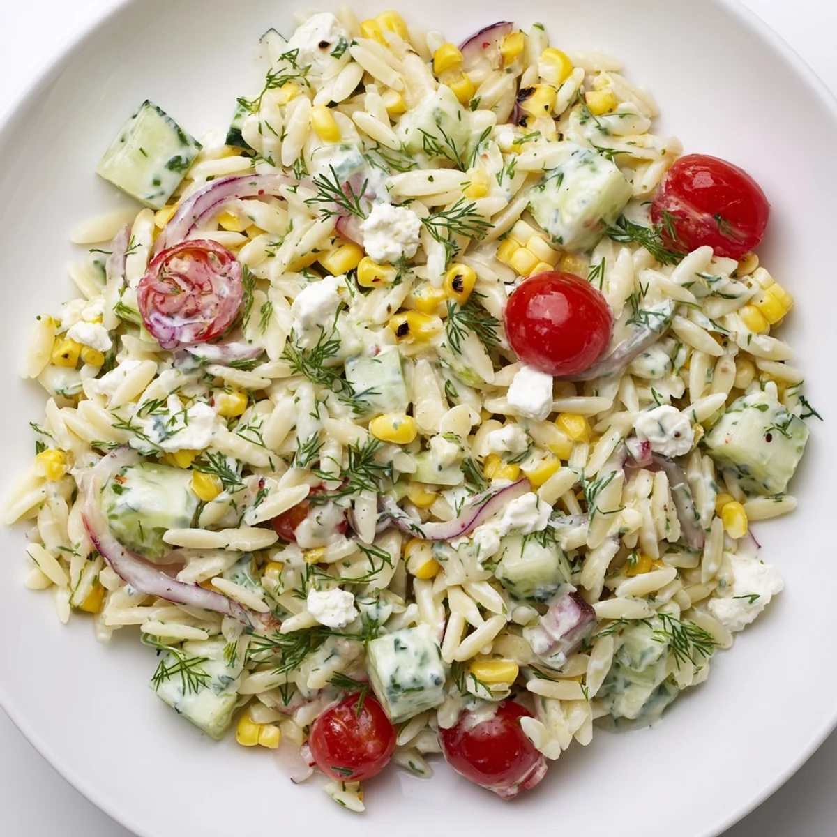 Grilled Corn Orzo Salad with Scallion Dill Dressing served in a white bowl with charred kernels and creamy dressing.