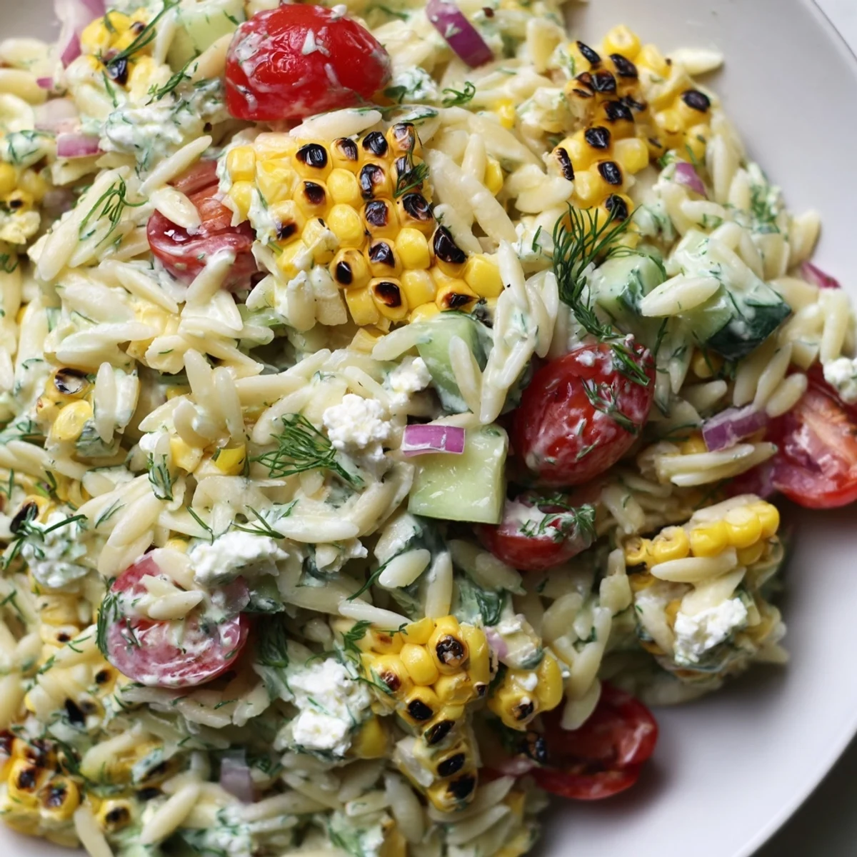 Freshly prepared Grilled Corn Orzo Salad with Scallion Dill Dressing highlighting colorful tomatoes and cucumber on a rustic table.