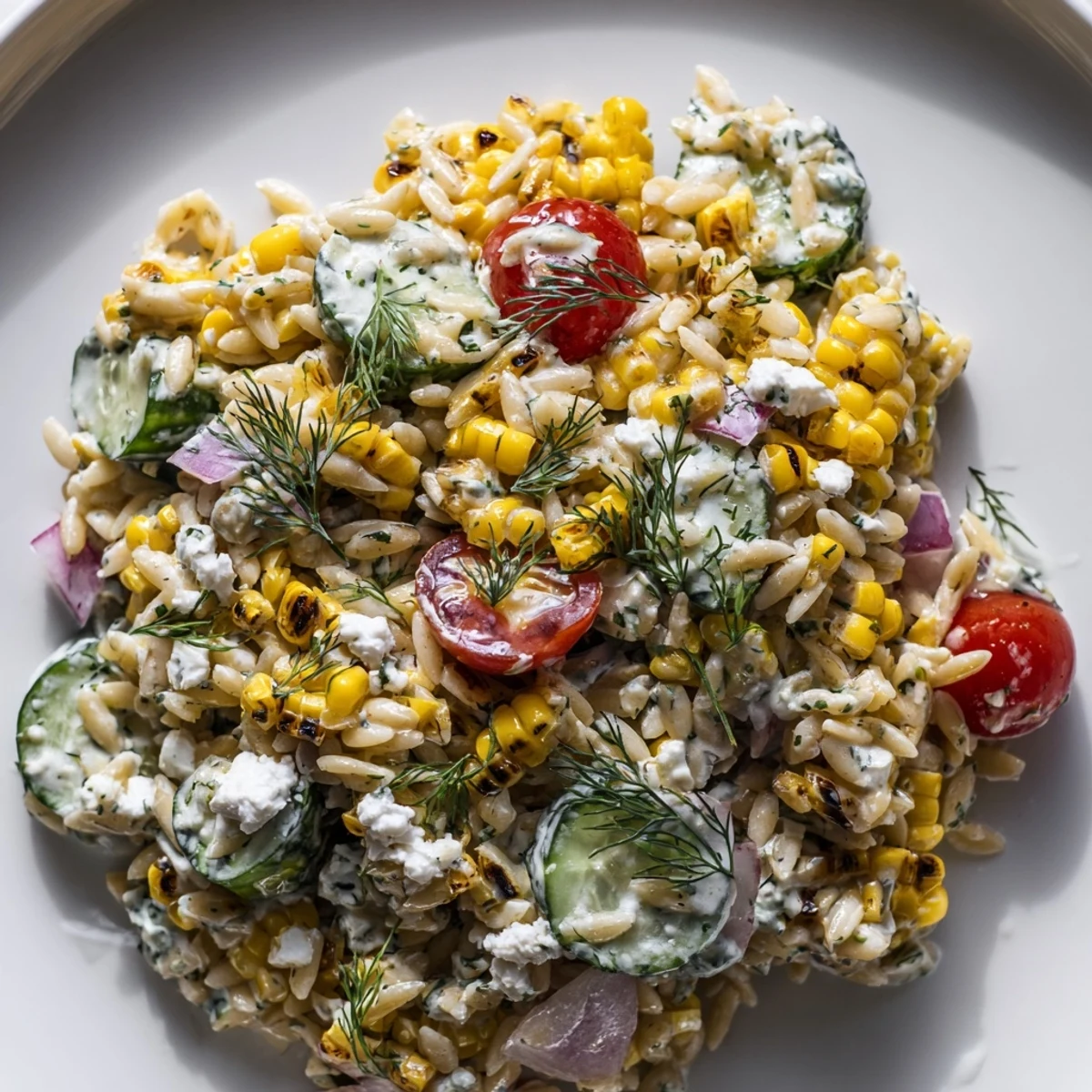 A vibrant bowl of Grilled Corn Orzo Salad with Scallion Dill Dressing garnished with feta and fresh herbs.