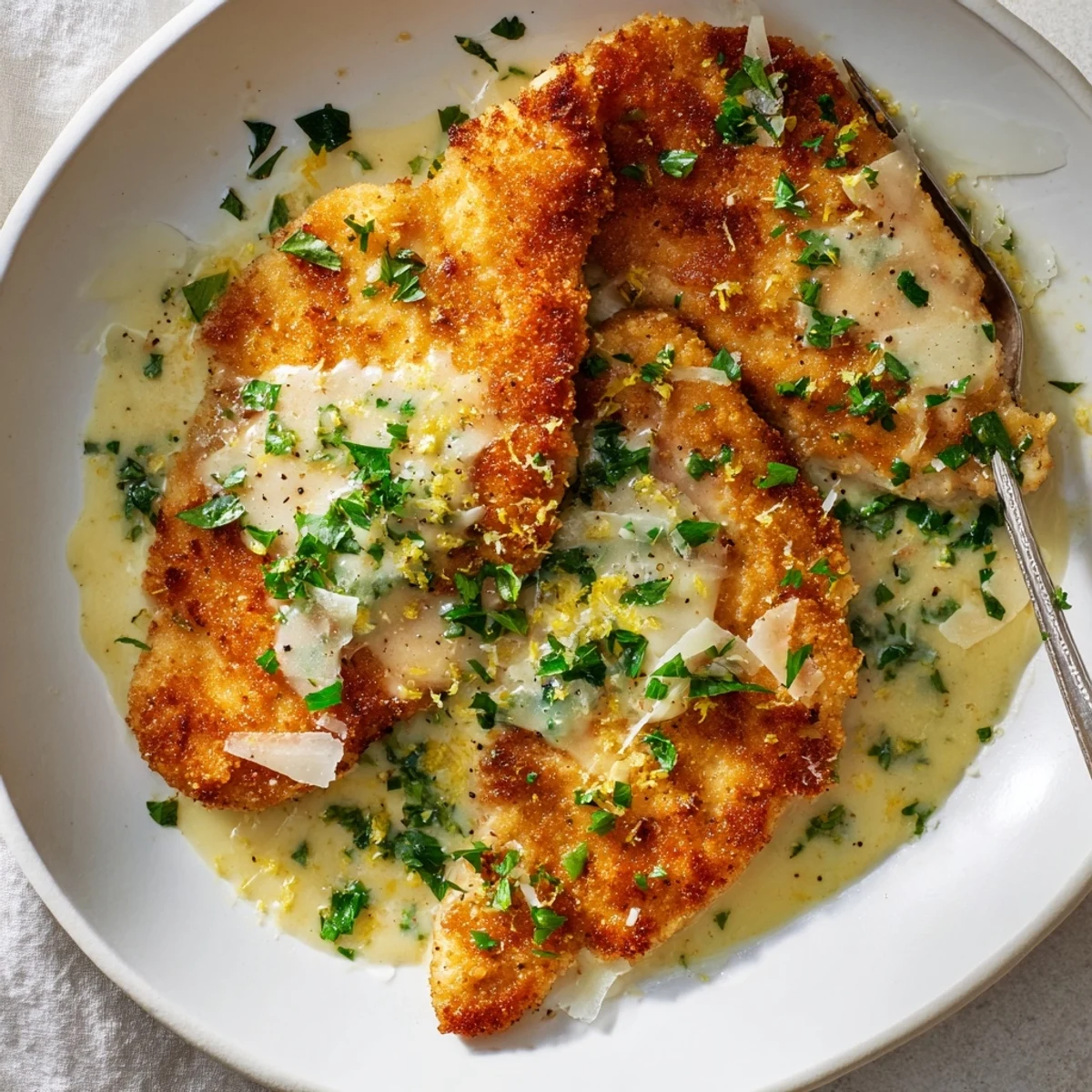 Steam rises from the skillet, garnished with fresh parsley and extra grated Parmesan for this Creamy Parmesan Lemon Chicken.
