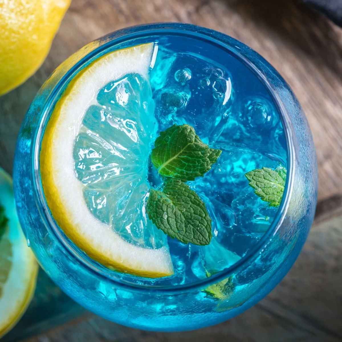 A tall glass of Blue Spirulina Lemonade shows vivid turquoise liquid, lemon slices, and fresh mint over ice for summer refreshment.  