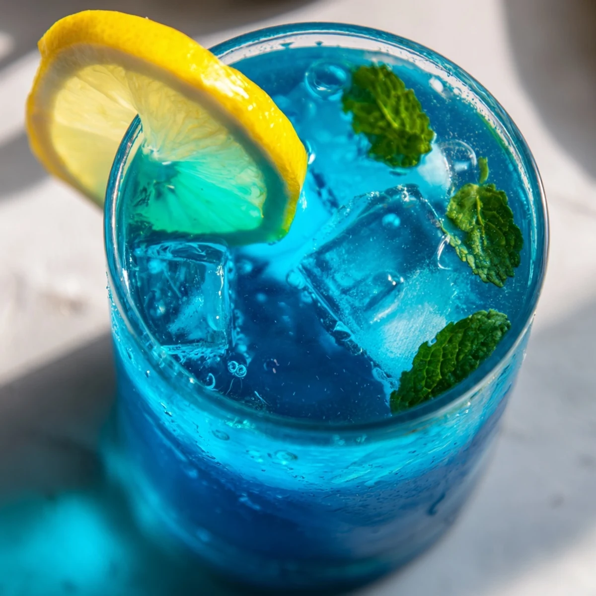 Close-up of Blue Spirulina Lemonade in a frosted glass, ice cubes clinking, garnished with mint and lemon for a refreshing sip.