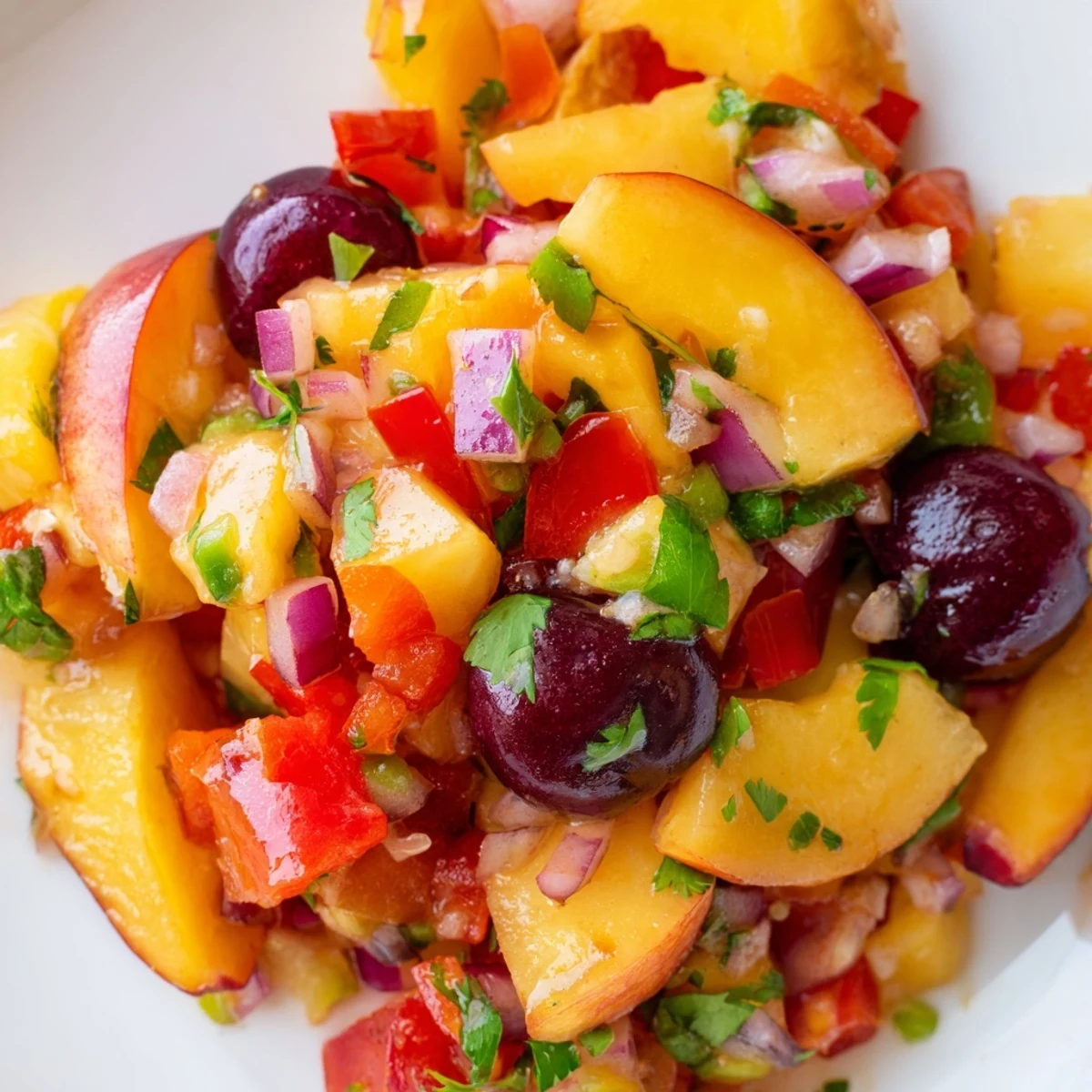 Bright, colorful bowl of Healthy Peach Cherry Salsa with diced peaches and cherries, fresh cilantro, and a zesty lime wedge for dipping.