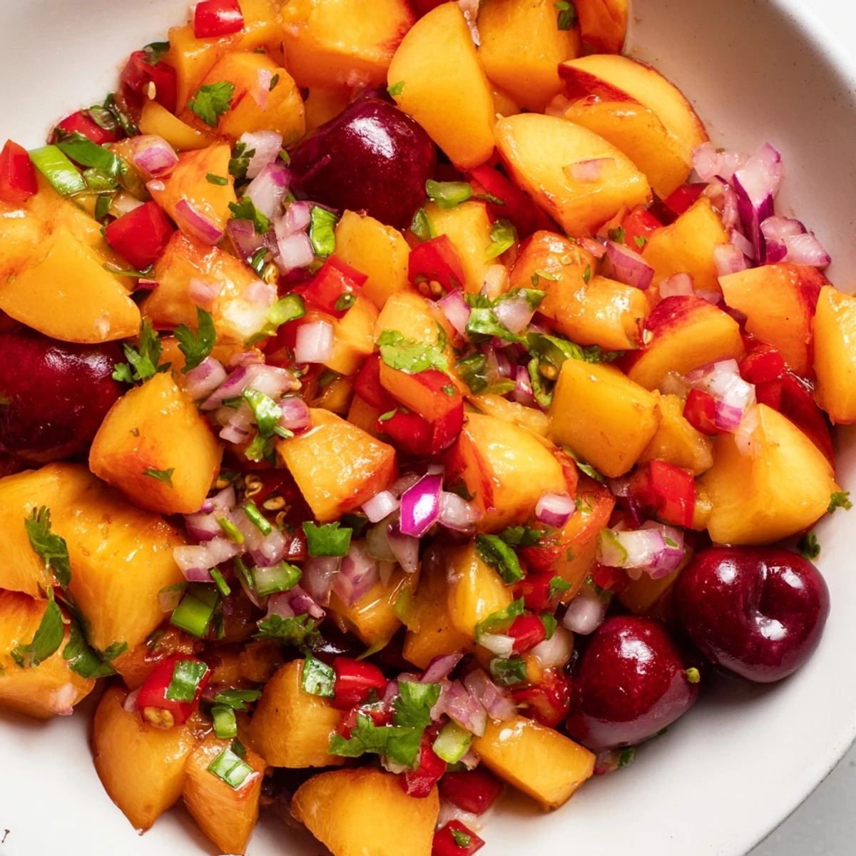 A close-up of Healthy Peach Cherry Salsa featuring sweet cherries, juicy peaches, red onion, and jalapeño, ready to serve with tortilla chips.
