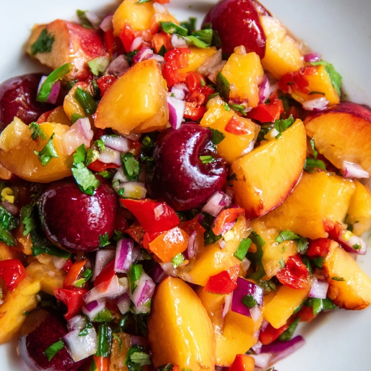 Vibrant summer Healthy Peach Cherry Salsa in a rustic bowl, garnished with cilantro and lime, perfect as a dip or grilled topping.