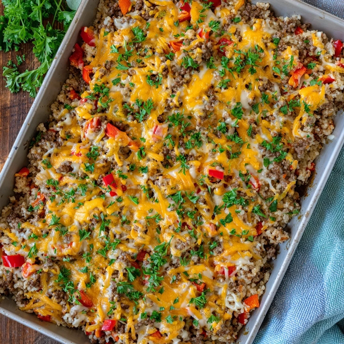 A close-up of the creamy Ground Beef Casserole with Cauliflower Rice, featuring a savory beef filling in a baked dish.
