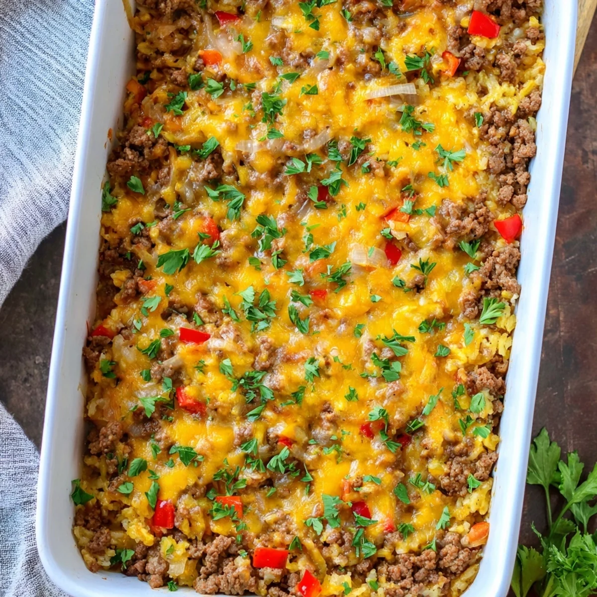 Golden, bubbly cheddar and mozzarella melt over the Ground Beef Casserole with Cauliflower Rice, served hot from the oven.