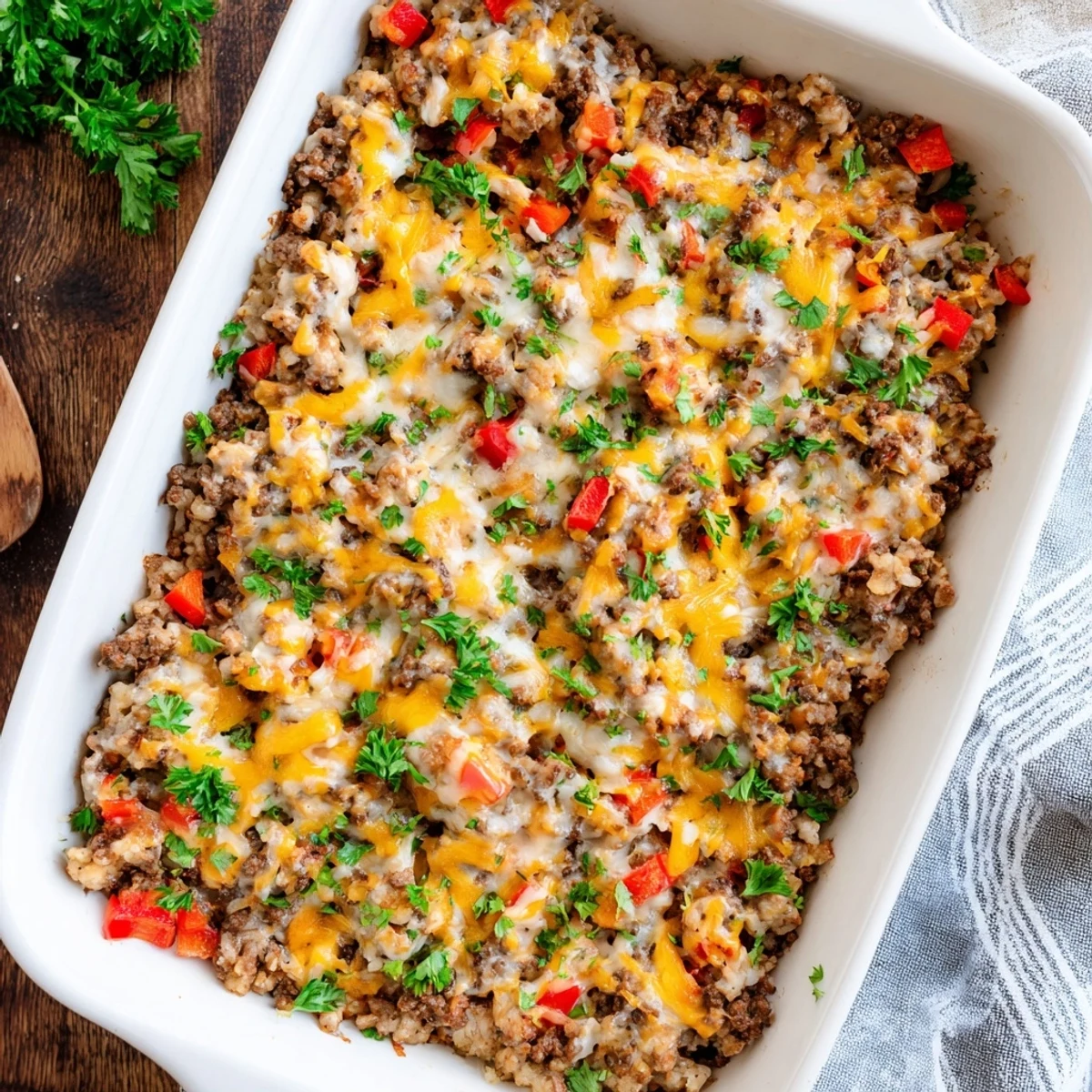 Fresh parsley garnishes the Ground Beef Casserole with Cauliflower Rice, highlighting the cheesy, low-carb, comforting weeknight dinner.
