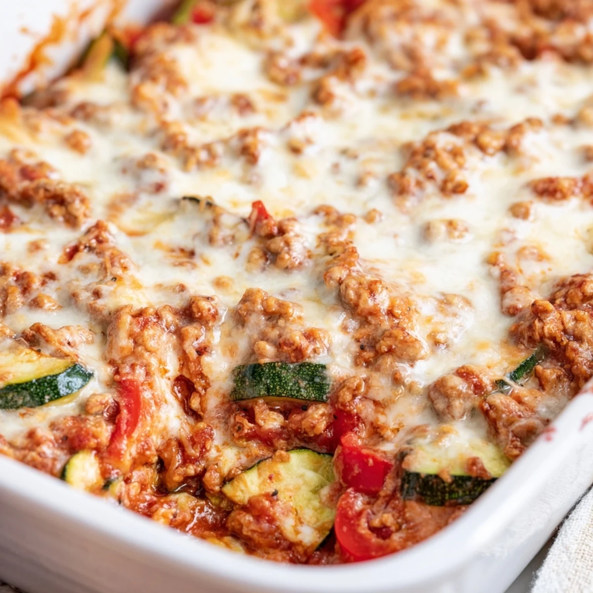Golden, bubbly Easy Ground Turkey Zucchini Casserole emerges from the oven, topped with melted mozzarella and Parmesan.