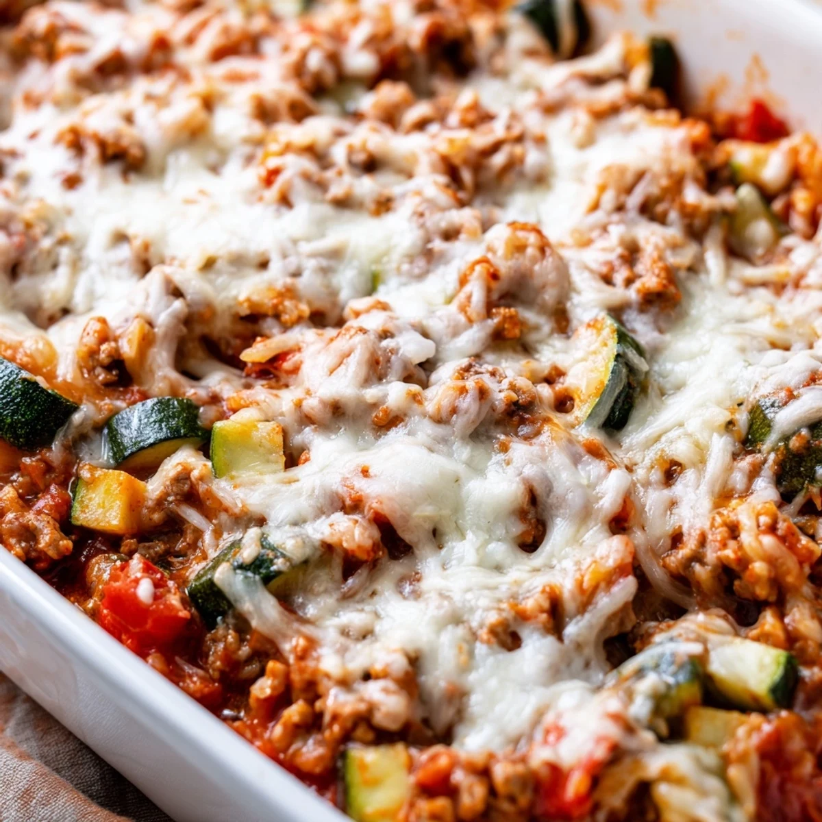 A hearty serving of Easy Ground Turkey Zucchini Casserole rests on a plate, perfect with a fresh side salad.