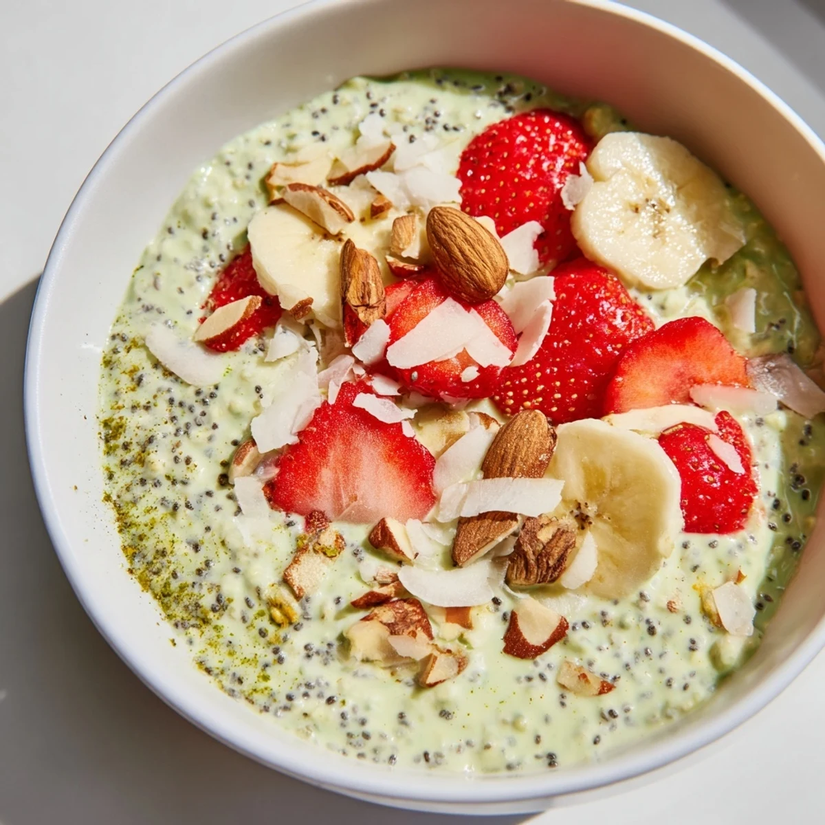 Creamy Matcha Protein Overnight Oats in a glass jar topped with fresh berries and sliced banana.