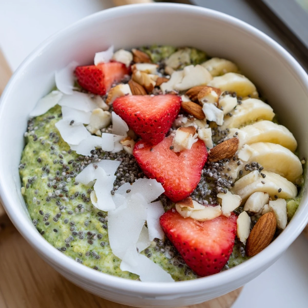 A nourishing serving of Matcha Protein Overnight Oats with a drizzle of maple syrup and nuts.