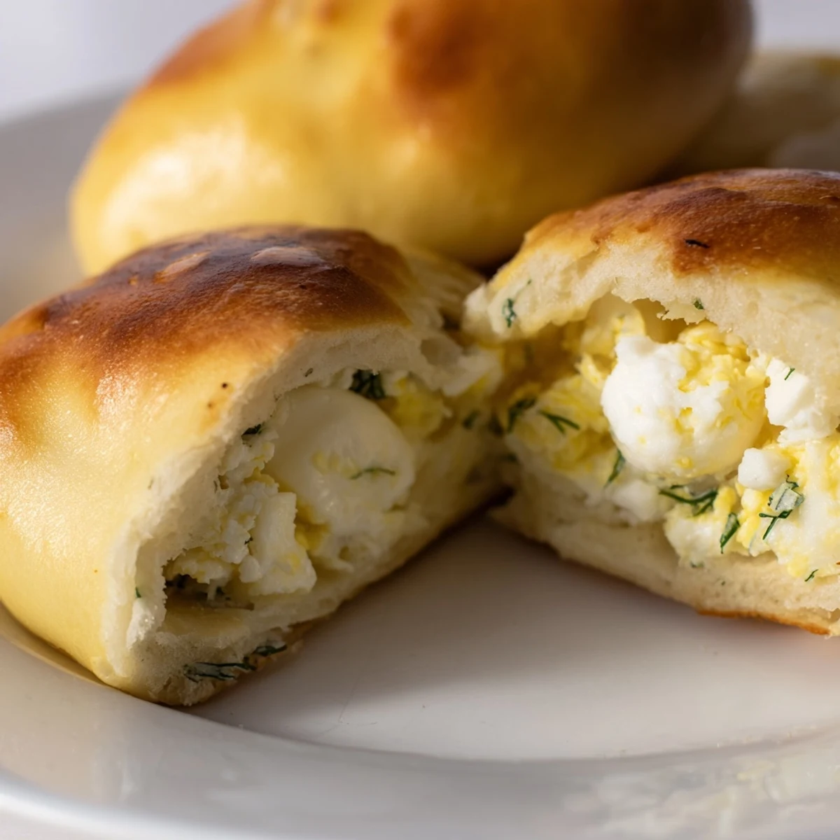 Close-up of golden Cheesy Egg and Cheese Piroshki with flaky crust and filling visible on a wooden board.