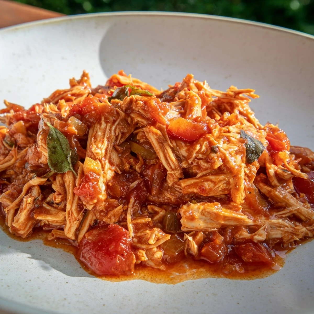 Tender slow cooker tomato basil chicken served over creamy pasta with melted Parmesan cheese and crusty bread.