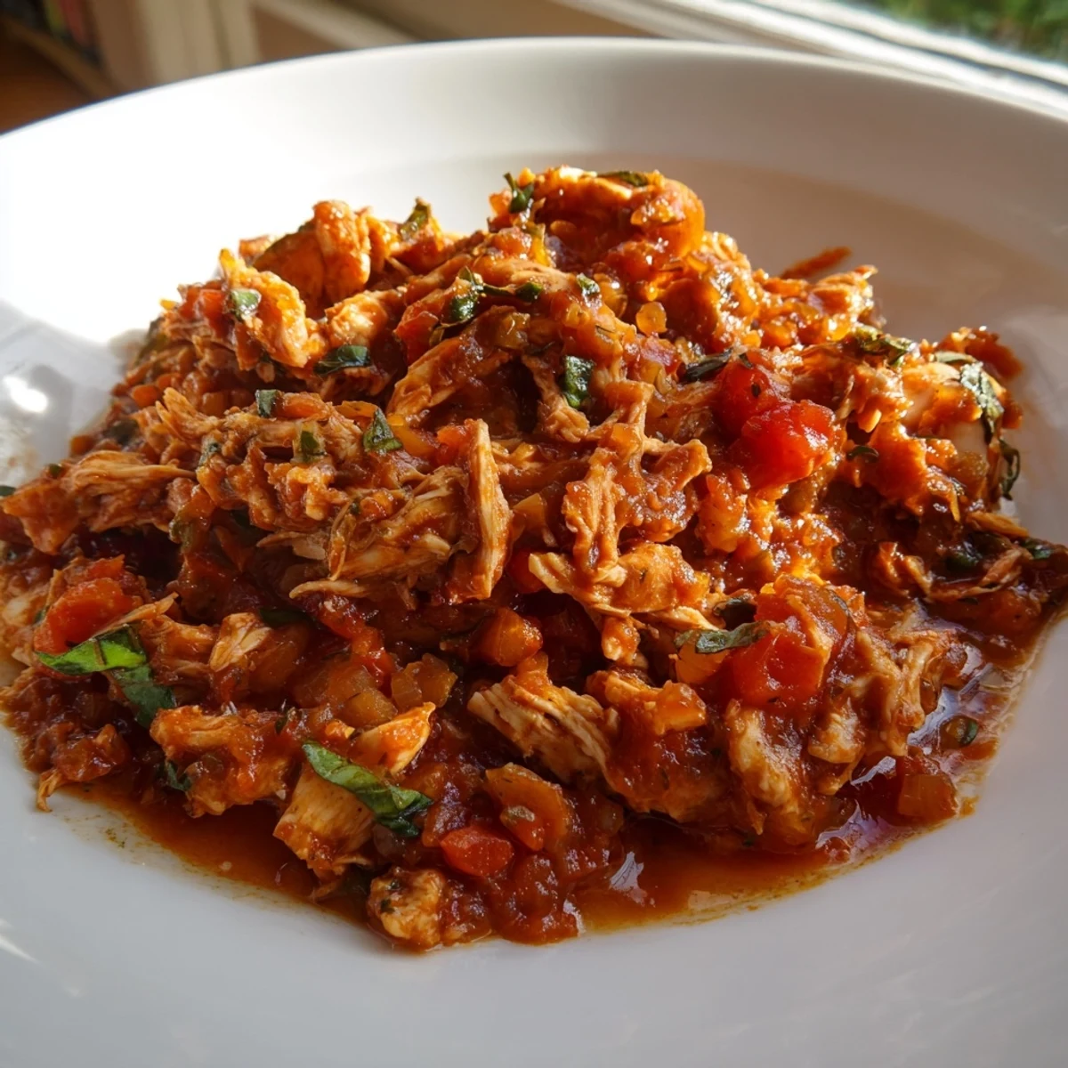 A steaming bowl of slow cooker tomato basil chicken in a rustic ceramic dish, ready for a family dinner.