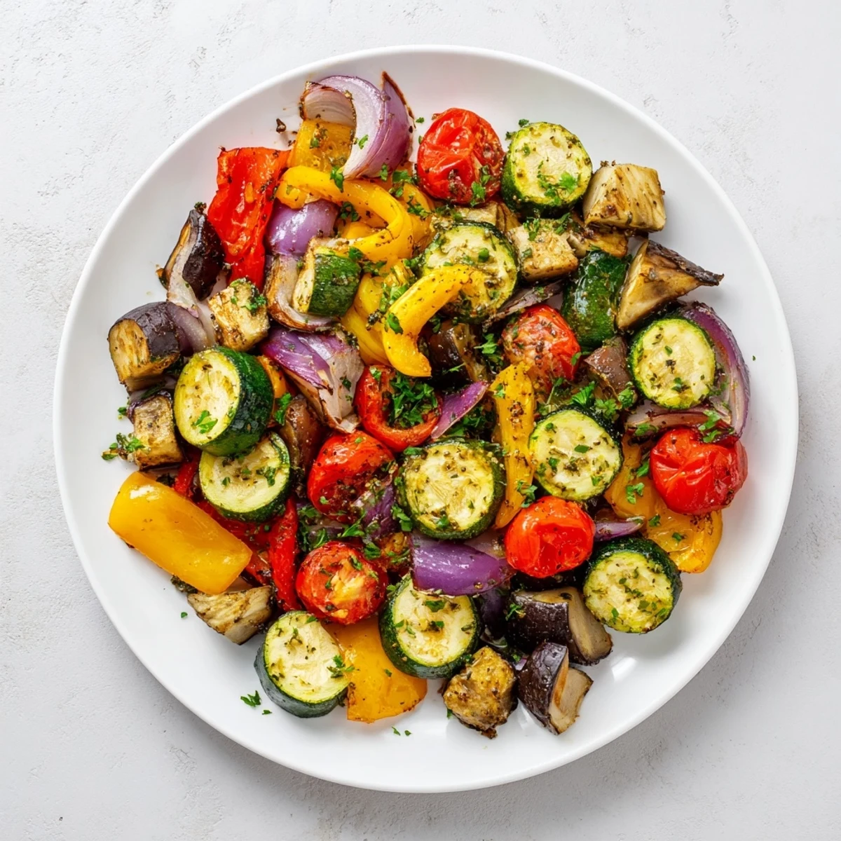 Roasted Italian Roasted Vegetables on a baking sheet, golden brown with herbs and glistening olive oil.