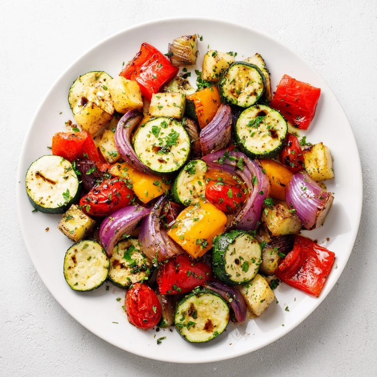 A close-up of Italian Roasted Vegetables, featuring colorful zucchini, peppers, and eggplant with fresh parsley garnish.