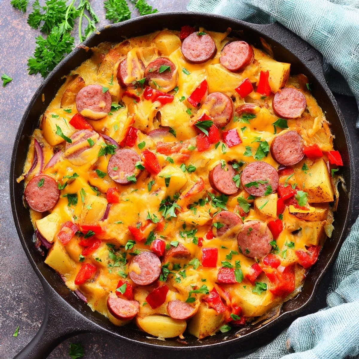 Cheesy Sausage and Potato Skillet Bake with golden potatoes and bubbly cheddar in a rustic cast iron pan.
