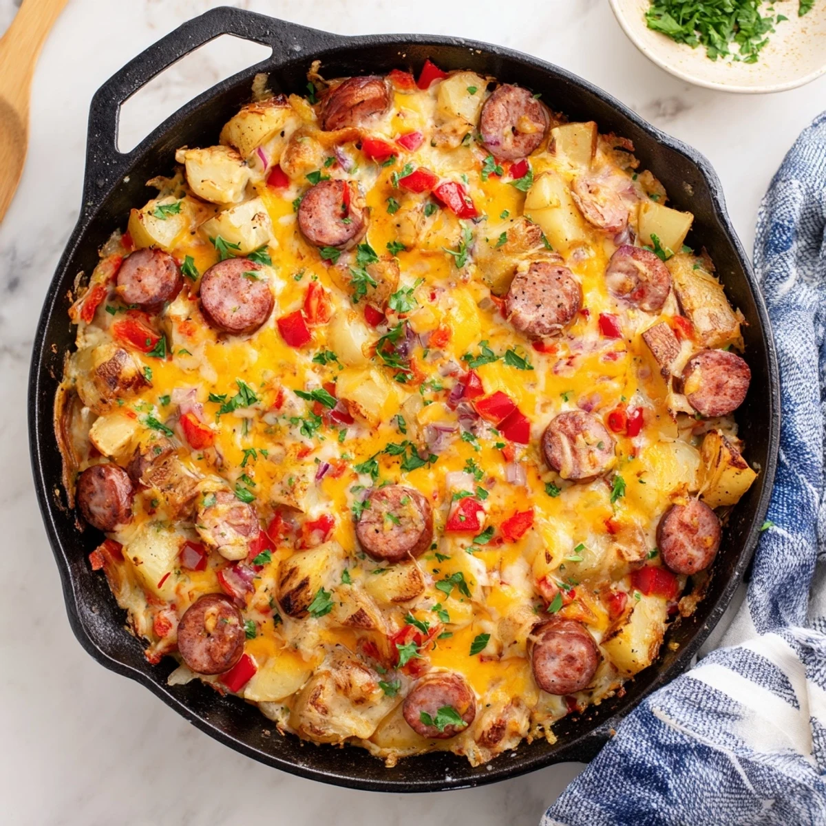 Fresh parsley garnish crowns a steaming Cheesy Sausage and Potato Skillet Bake served with a crisp side salad.