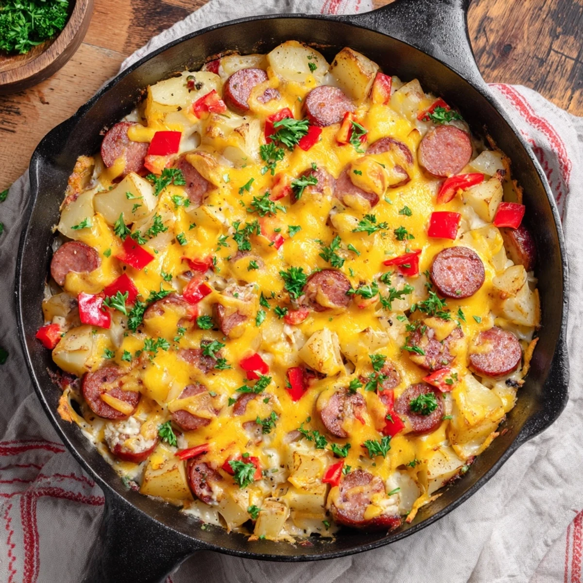 A close-up of Cheesy Sausage and Potato Skillet Bake, savory sausage and melted cheese over tender potatoes.