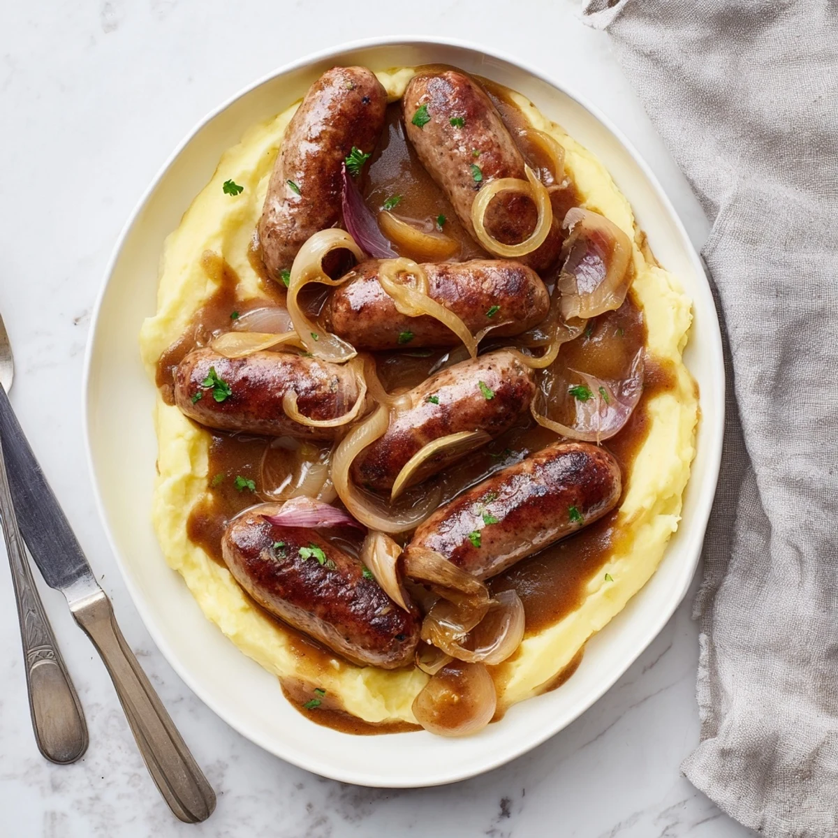 A close-up of Sausages in Onion Gravy ladled over fluffy mashed potatoes, glistening with rich, savory brown sauce and topped with fresh parsley.