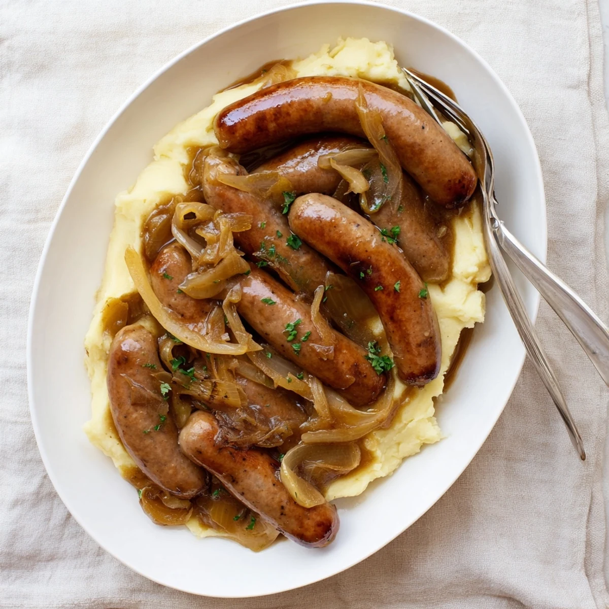 Steaming Sausages in Onion Gravy served in a rustic pan, with tender onions and plump sausages nestled in a dark, glossy sauce.